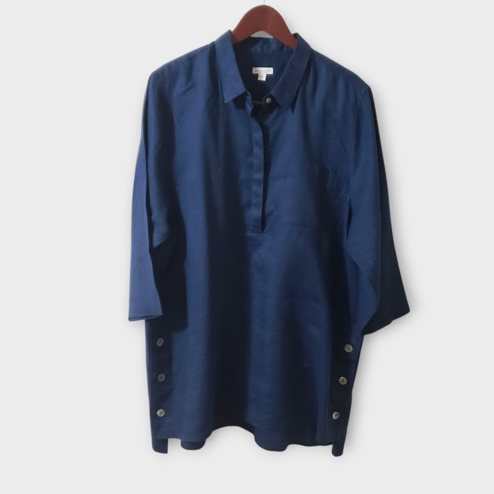 J. Jill Love Linen Navy Blue Button Side Tunic Top XL 100% Linen Popover Shirt